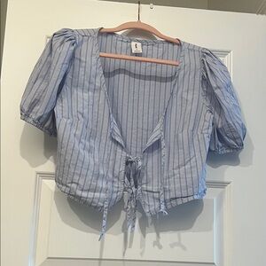 Abound Light Blue Striped Tie-Front cropped Blouse